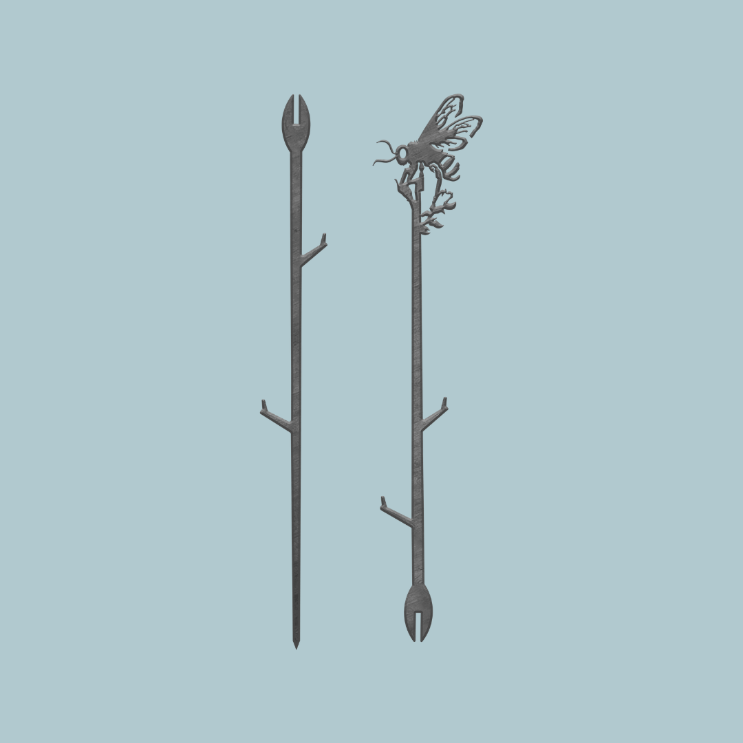 A Honey Bee Single Plant Stake (25") stands out on a light blue background—featuring a charming bee accent at the top, making it a unique silhouette yard art piece or a thoughtful garden gift.