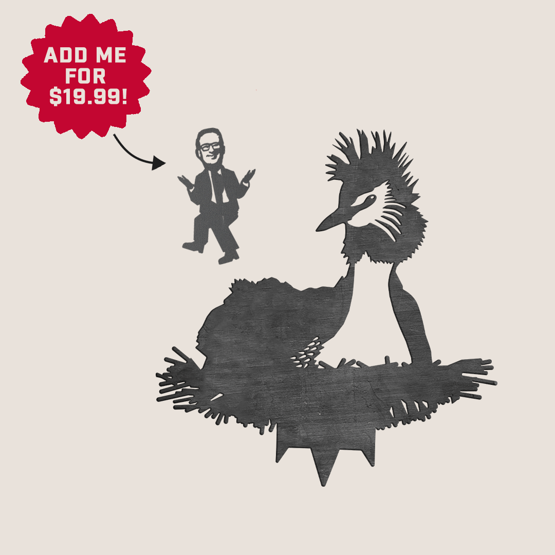 A black corten steel silhouette of the Pūteketeke (Crested Grebe) in a nest. In the top left, a red starburst says “ADD ME FOR $19.99!” next to a playful suit-clad silhouette—perfect for your yard art collection.