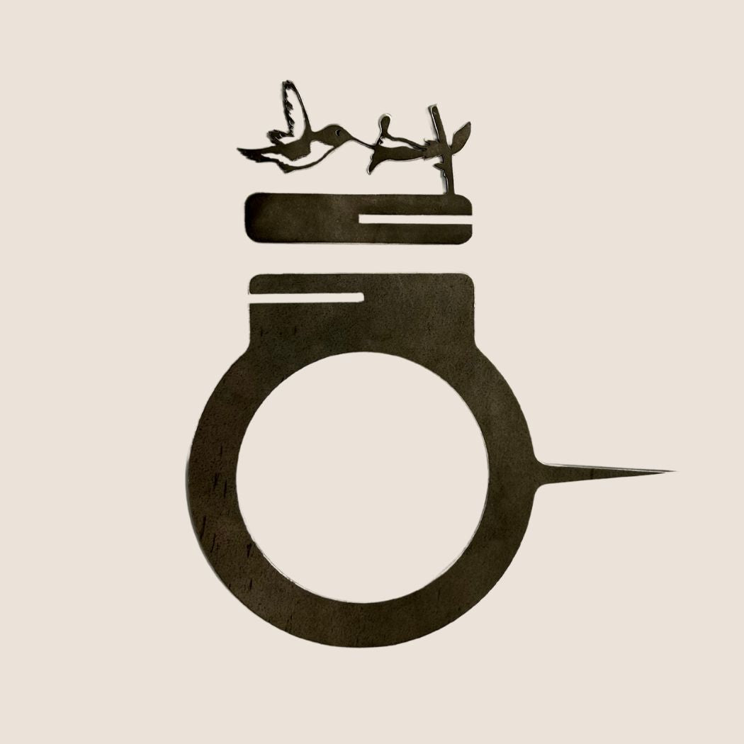A minimalist illustration of the Bowl Feeder, a premium metal ring design featuring two birds—one perched and one approaching—symbolizing love or connection. A thoughtful gift for someone special.