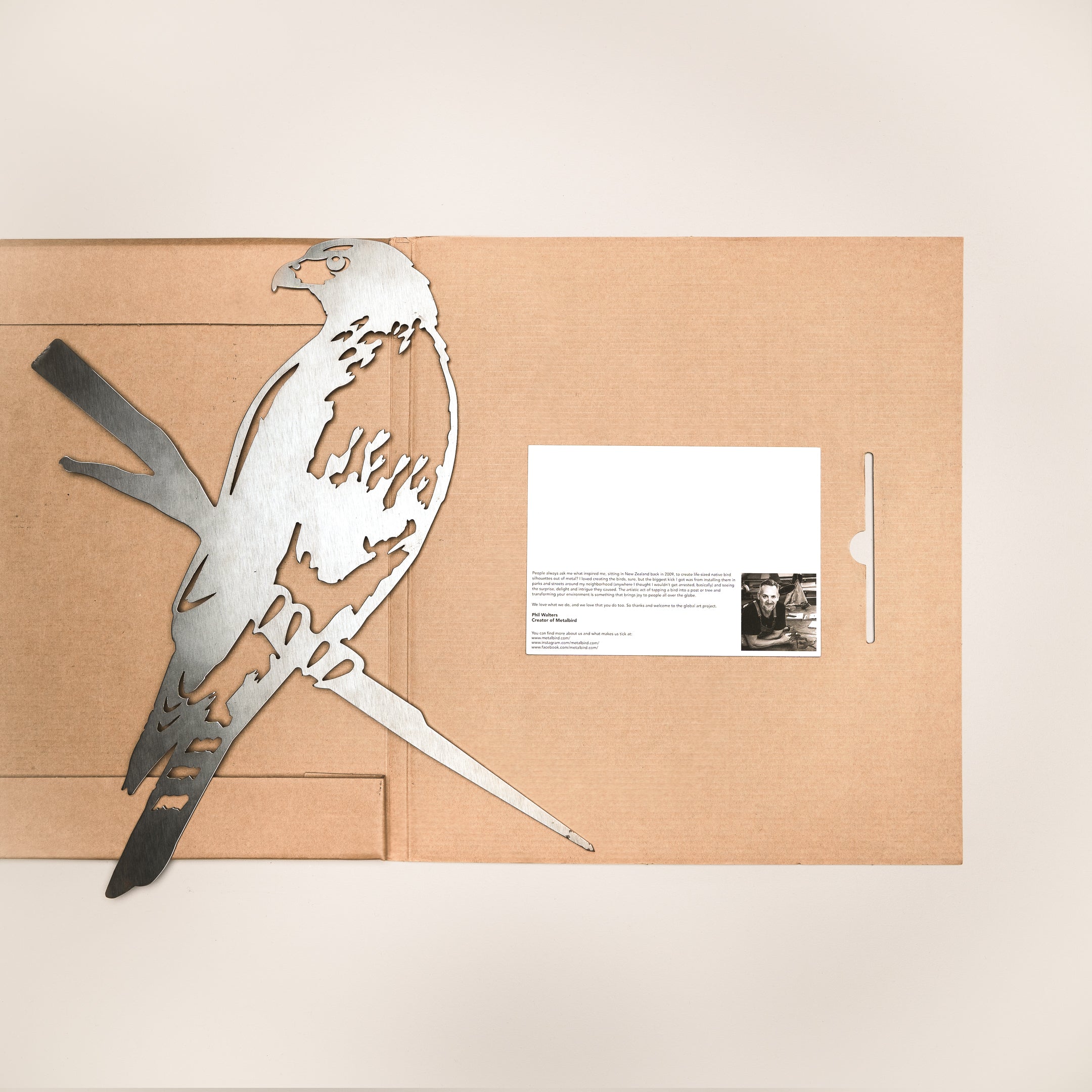 The Red-Tailed Hawk, a premium flat metal bird of prey cutout crafted from durable corten steel, rests on an open kraft folder. A white card featuring text and a small photo is tucked into the pocket on the right side.