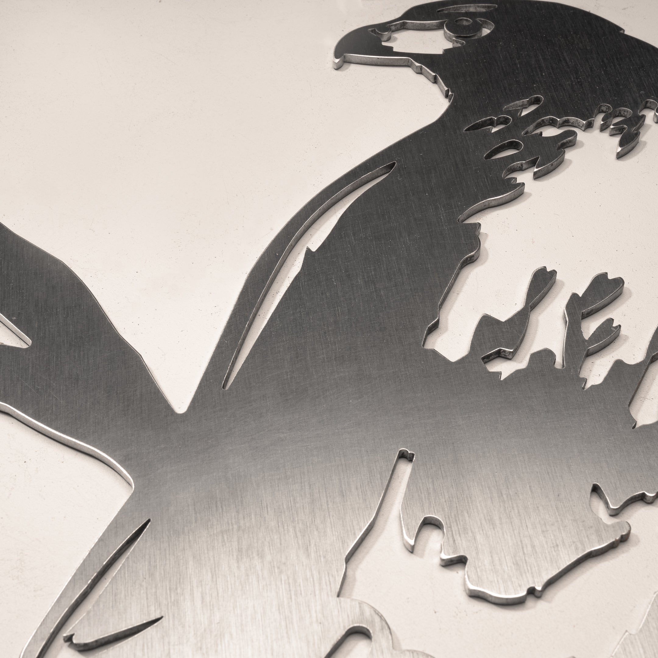 The image shows the Red-Tailed Hawk, a brushed metal silhouette crafted from premium corten steel. The artwork features the bird's head, beak, and upper body displayed against a smooth, light background.