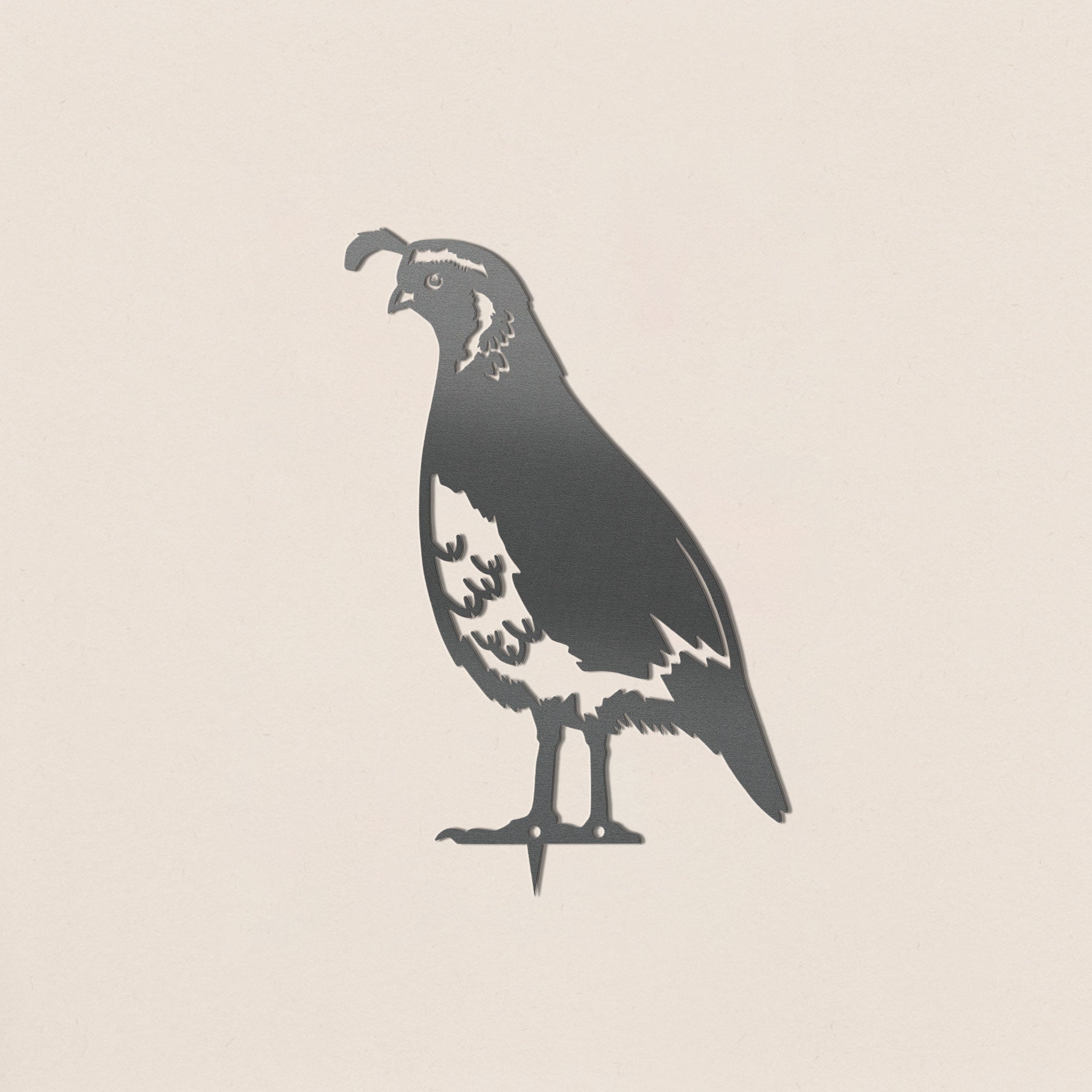 A minimalist black and white silhouette of a California Quail with its iconic head plume stands on a light beige background—ideal as inspiration for metal or corten steel art gifts.