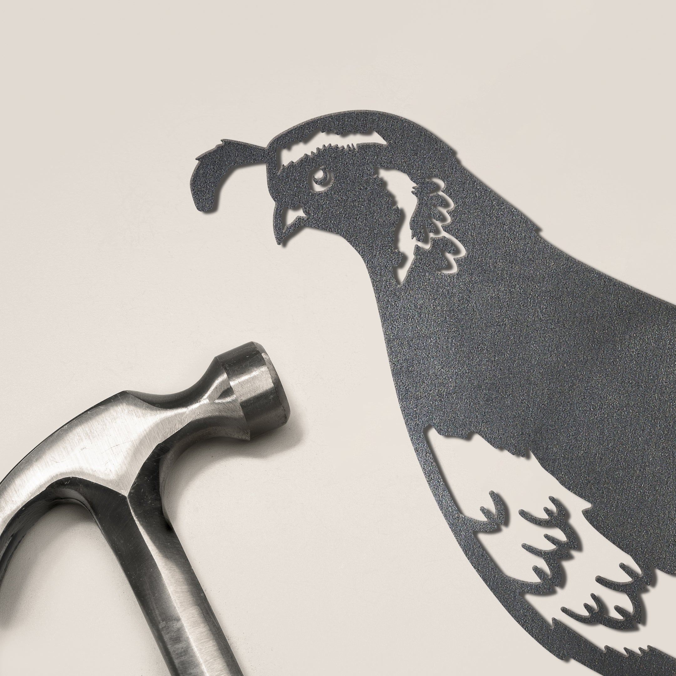 A premium metal hammer rests on a light surface next to the California Quail, a black cutout silhouette with the bird’s detailed features clearly visible.