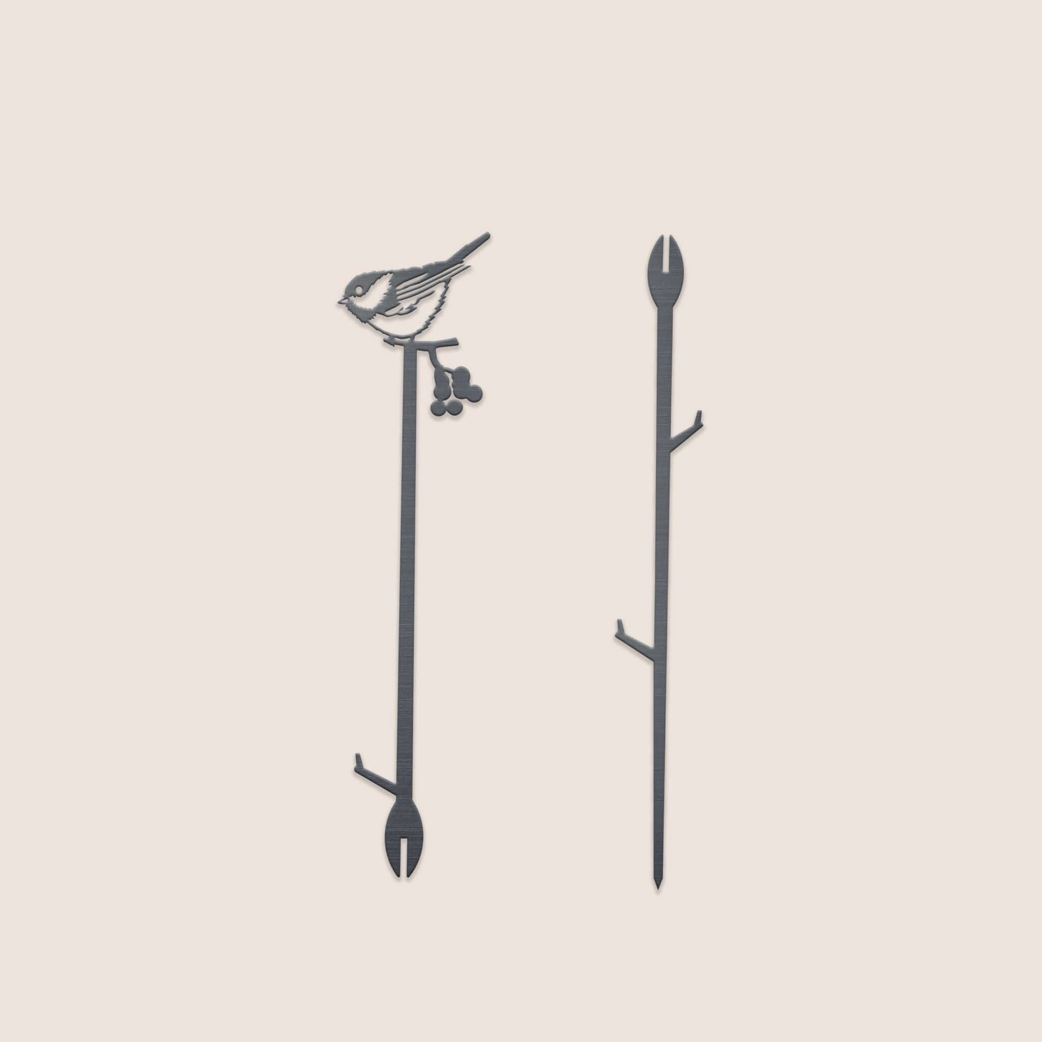 The Chickadee Plant Stake - 25" is a premium metal garden stake featuring a bird silhouette on a branch with berries, displayed on a plain light background.