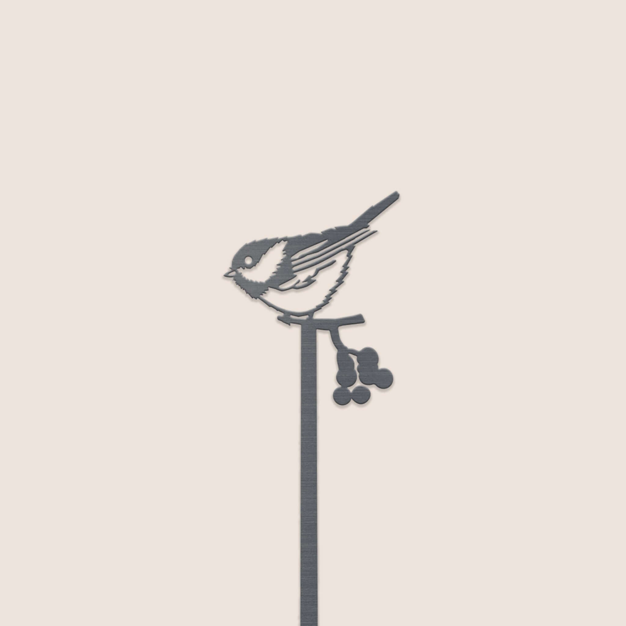 The Chickadee Plant Stake - 25" features a premium silhouette of a small bird perched on a berry branch, perfect as unique yard art against a light beige background.