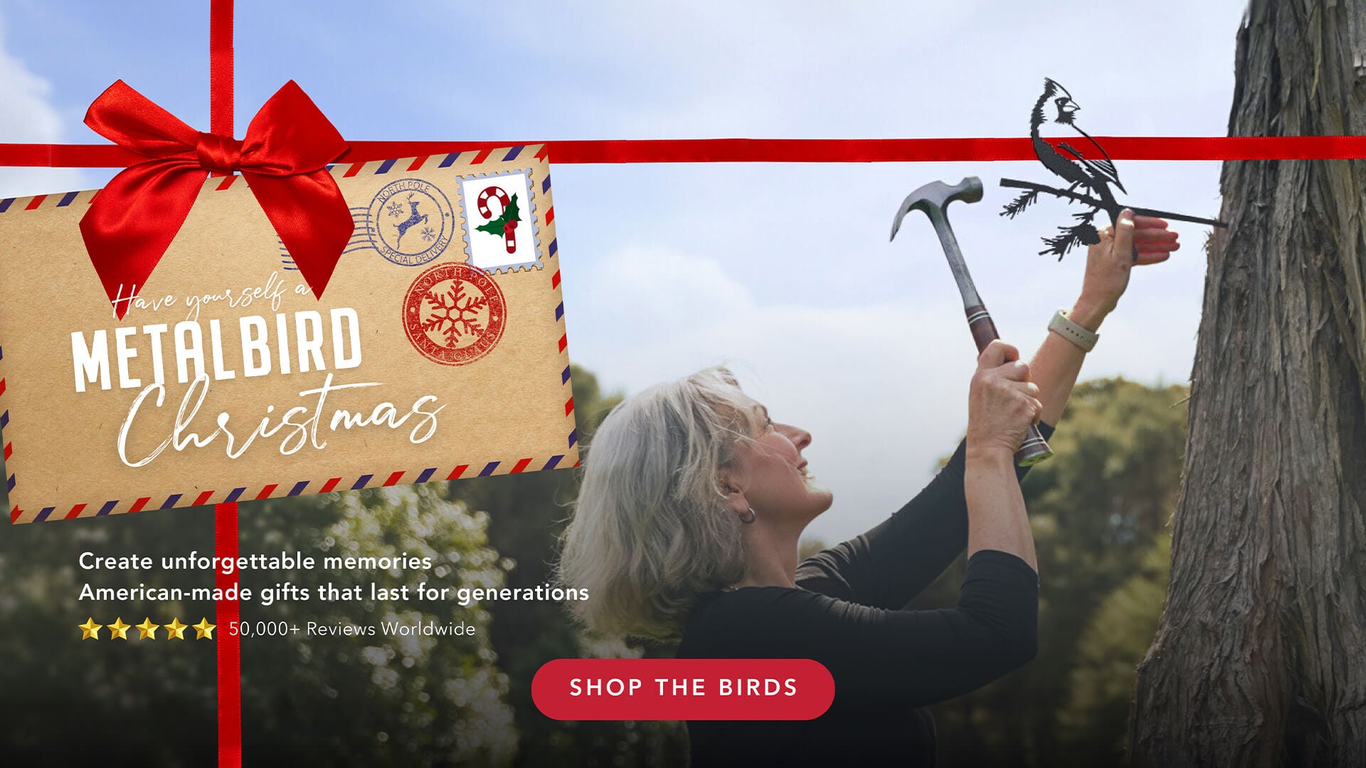 Advertisement for Metalbird Christmas gifts with a person holding a hammer and bird silhouette, featuring a red bow and promotional text.