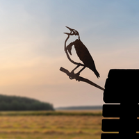 Meadowlark features a Corten steel silhouette of the state bird perched on a branch, set against a softly blurred landscape and pastel sunset sky.
