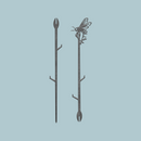The Honey Bee Single Plant Stake - 25" features a forked end with small angled branches for elegant plant support and a detailed bee sculpture, making it a charming gift for plant lovers. Shown against a pale blue background.