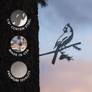 A Cardinal bird silhouette, crafted from 1/8" Corten steel, is mounted on a tree branch to create eye-catching metal bird garden decor. Three circles emphasize its standout features: 1/8" Corten steel construction, made in the USA, and premium quality. Set against a sunset sky background, this Cardinal yard art makes a delightful focal point for any outdoor space.