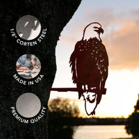 A Bald Eagle metal sculpture is displayed on a tree by the water at sunset. The text highlights: 1/8" American-made Corten steel, Made in USA, and Premium Quality, with close-up images showcasing the metal and expert craftsmanship—making it an ideal patriotic gift.