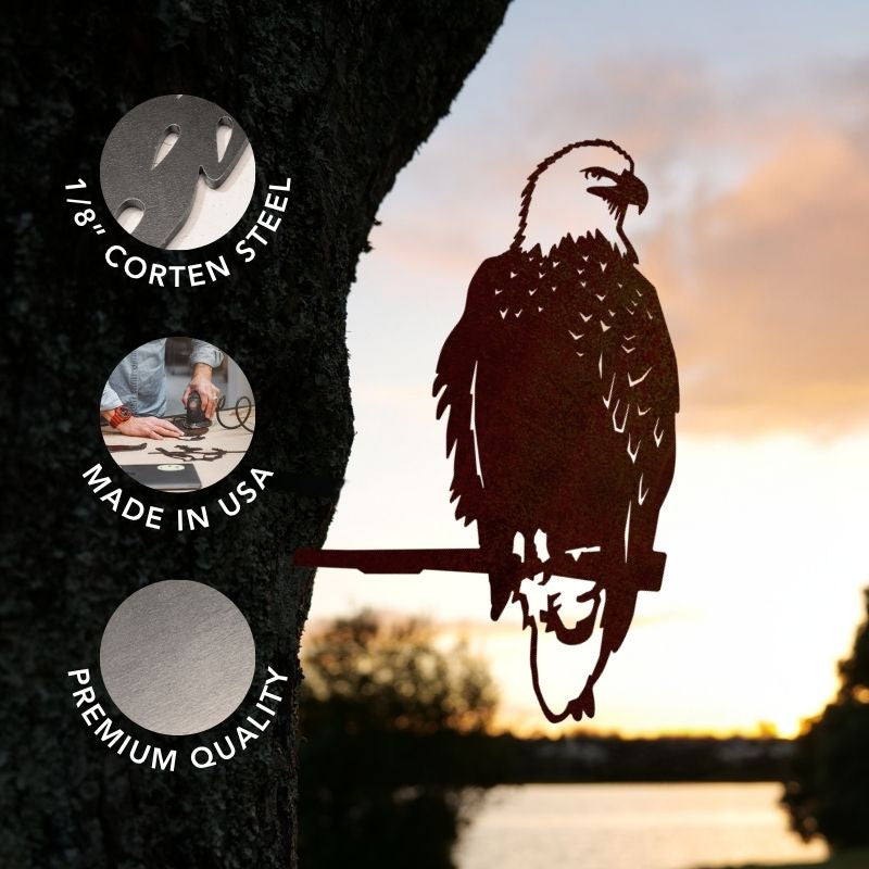 A Bald Eagle metal sculpture is displayed on a tree by the water at sunset. The text highlights: 1/8" American-made Corten steel, Made in USA, and Premium Quality, with close-up images showcasing the metal and expert craftsmanship—making it an ideal patriotic gift.