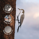 Woodpecker – A striking metal woodpecker silhouette on a tree trunk, accented by three circular labels: “1/8’’ corten steel,” “Made in USA,” and “Premium quality.” This premium Woodpecker sculpture doubles as unique garden decor, creating eye-catching corten steel yard art that stands out against the sky and clouds.