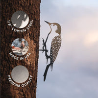 Woodpecker – A striking metal woodpecker silhouette on a tree trunk, accented by three circular labels: “1/8’’ corten steel,” “Made in USA,” and “Premium quality.” This premium Woodpecker sculpture doubles as unique garden decor, creating eye-catching corten steel yard art that stands out against the sky and clouds.