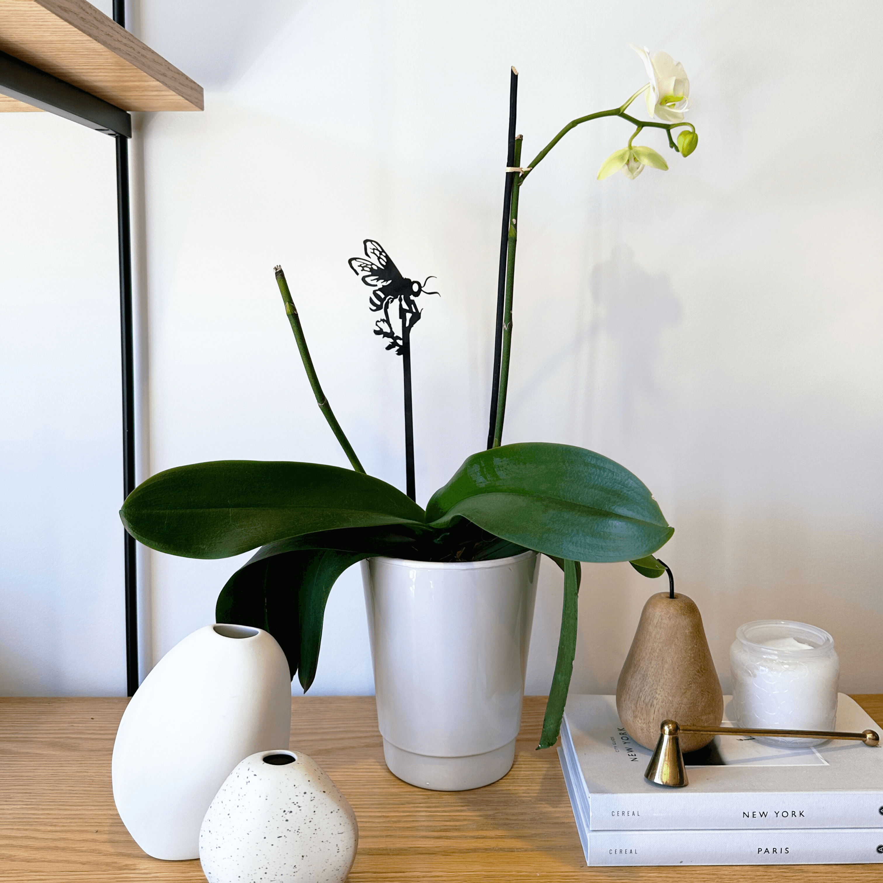 A Honey Bee Single Plant Stake - 25" adorns a white orchid in a ceramic pot on a wooden shelf, surrounded by vases, a candle, brass bell, pear-shaped ornament, and books—an elegant arrangement and perfect gift idea.