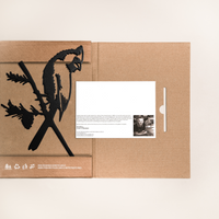 Cardinal Black is a cardboard folder featuring a powder-coated black cockatoo cutout; inside, it holds a white card with a man's photo and printed text. Eco-friendly symbols and text appear at the bottom left of the folder.