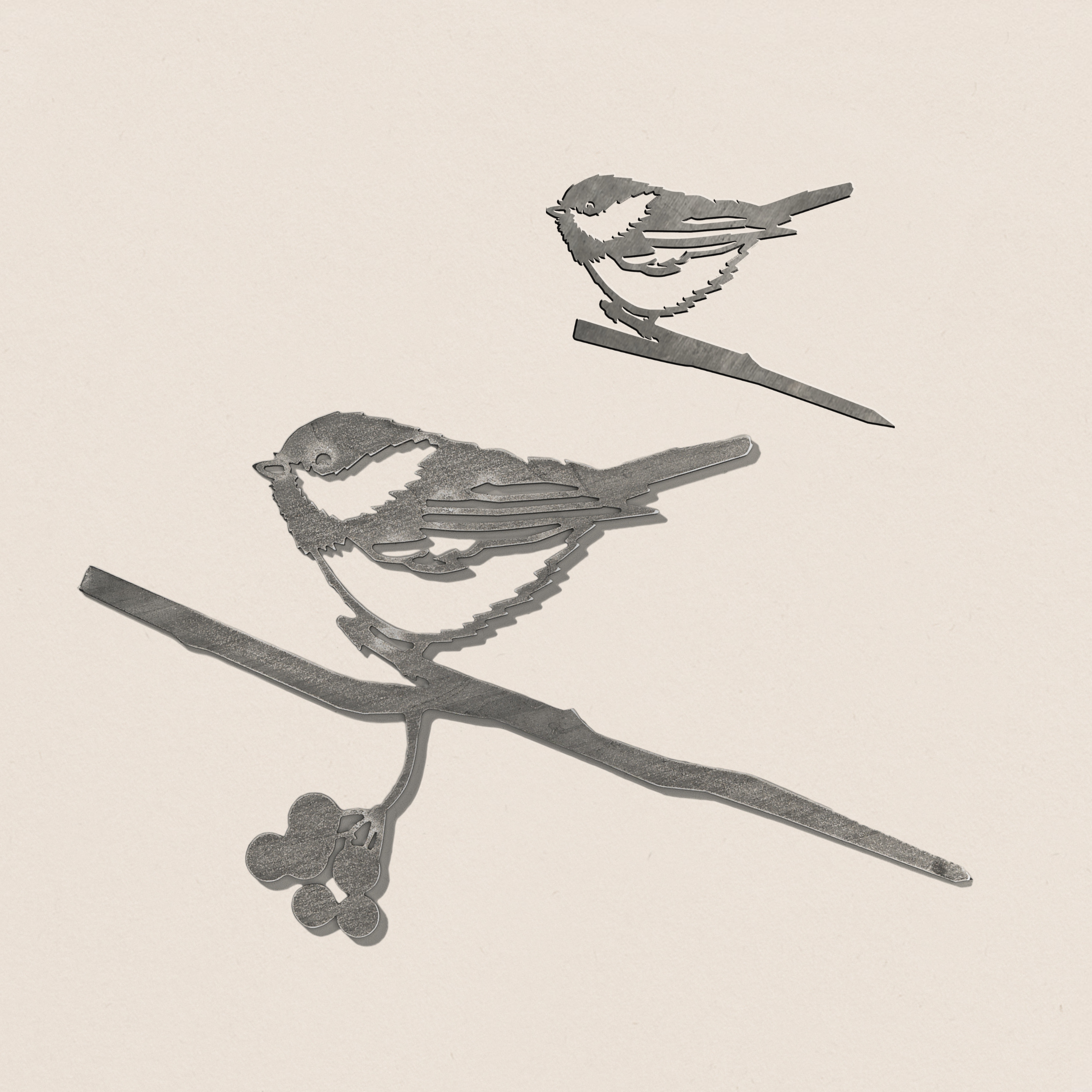 A minimalist grayscale illustration of the Chickadee Mom & Mini Set features two birds on separate branches—mom by three berries, mini on a twig—making it an ideal gift for bird lovers or inspiration for corten steel garden decor.