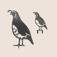 The Quail Mom & Mini Set features two black Corten steel California Quail cutouts—one large, one small—each with crests and detailed feathers, displayed on a light beige background. A unique Mother’s Day gift idea.