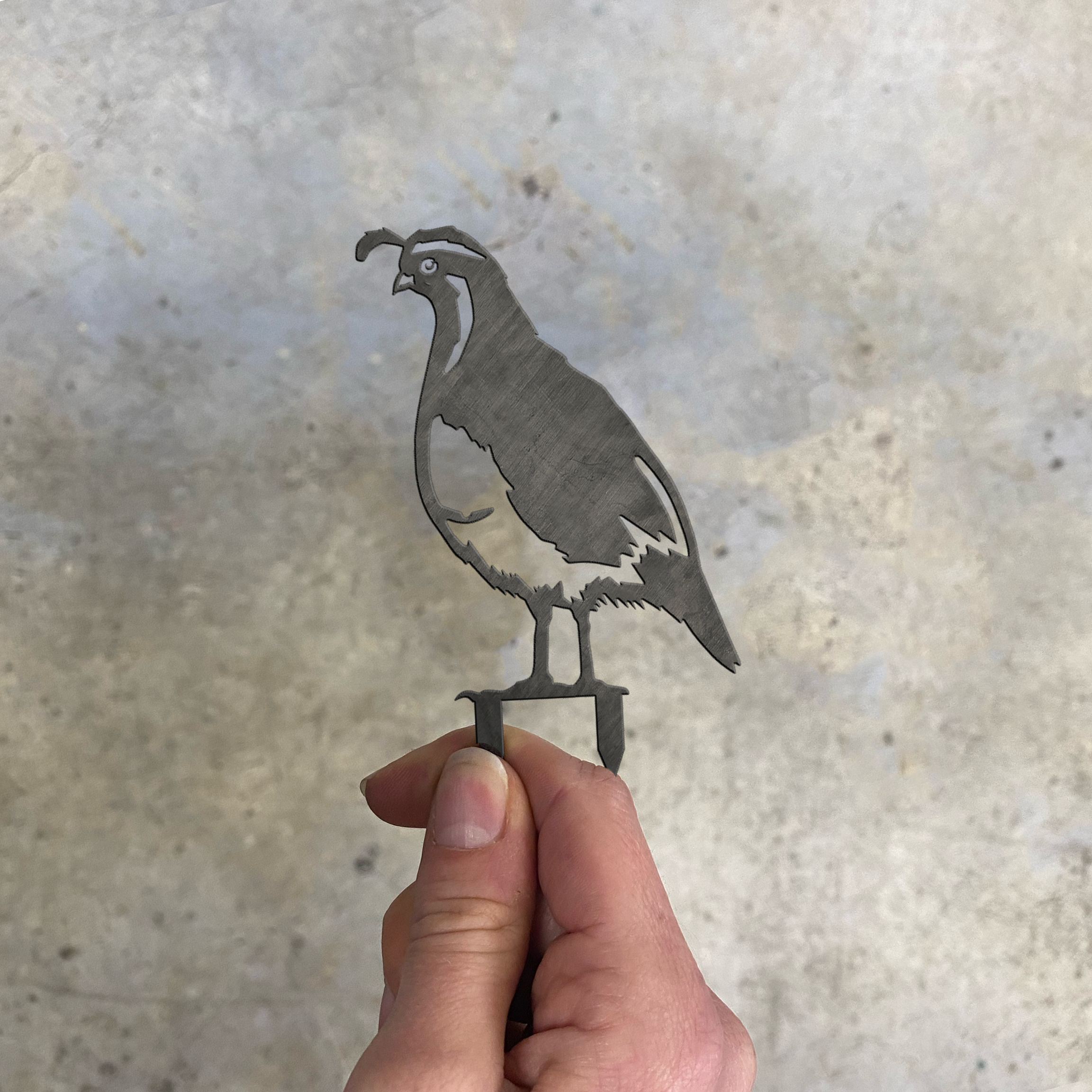 A hand displays the Quail Mom & Mini Set, a metal cutout shaped like a California Quail—ideal as Corten steel garden decor—held against a plain, slightly speckled gray background.