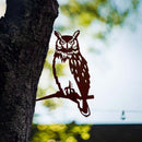 Great Horned Owl silhouette in Corten steel perched on a tree, a bold outdoor bird sculpture and unique gift for nature lovers.