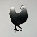 The Rhode Island Red is a metal silhouette cutout of the state bird, standing on one leg against a plain light gray background.