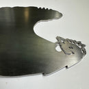 The Rhode Island Red is a flat metal sheet cut into the silhouette of a Rhode Island Red hen, featuring smooth edges and detailed face, comb, and beak that highlight its iconic shape. It lies on a smooth white surface.