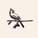 Cardinal Black features a bird silhouette perched on a pine branch with a pinecone, set against a light background to evoke the look of powder-coated black Corten steel art.