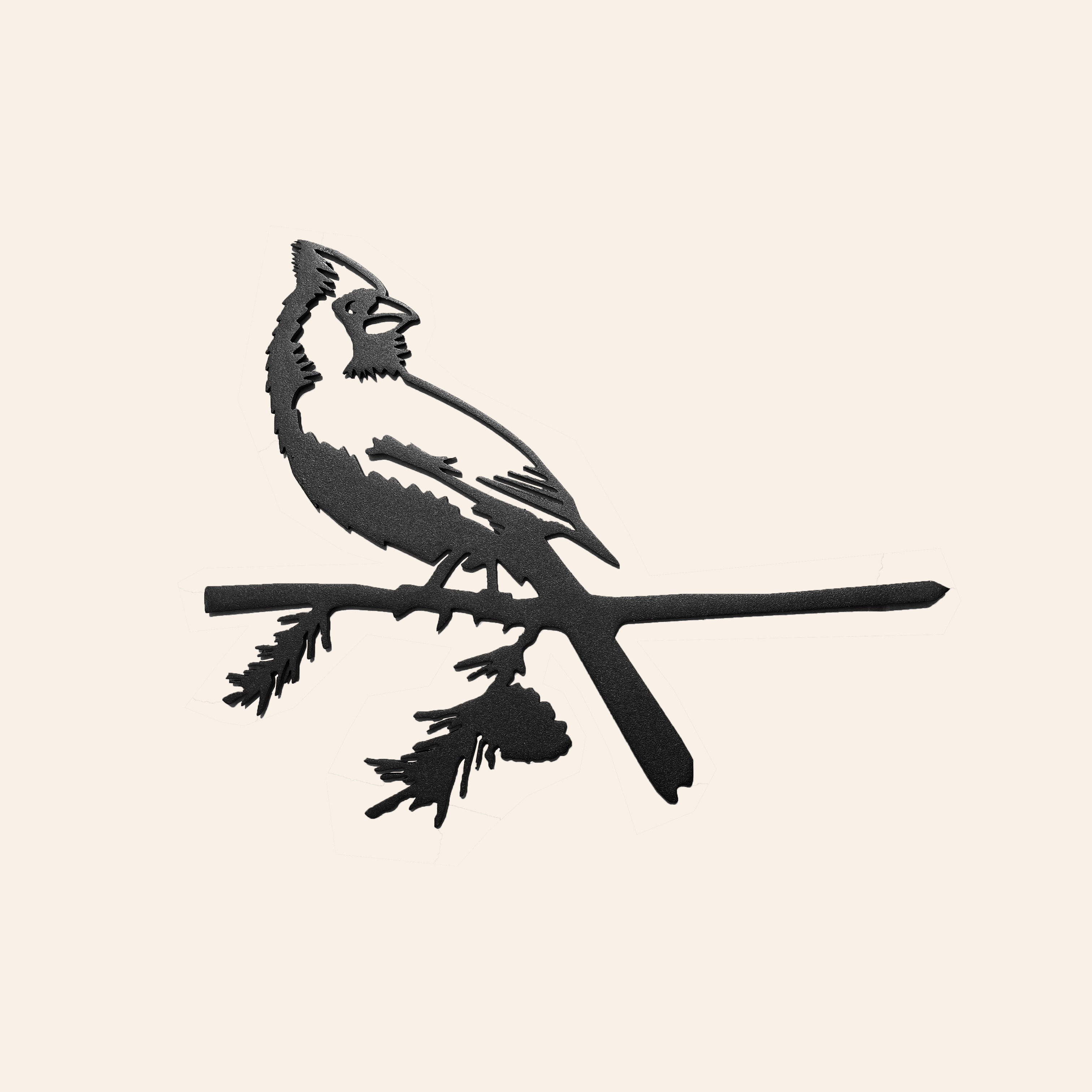 Cardinal Black features a bird silhouette perched on a pine branch with a pinecone, set against a light background to evoke the look of powder-coated black Corten steel art.
