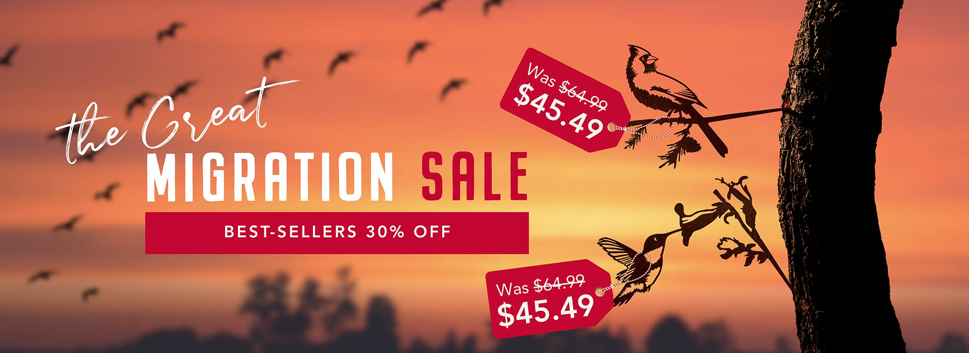 Promotional banner for a migration sale with bird silhouettes and sunset background