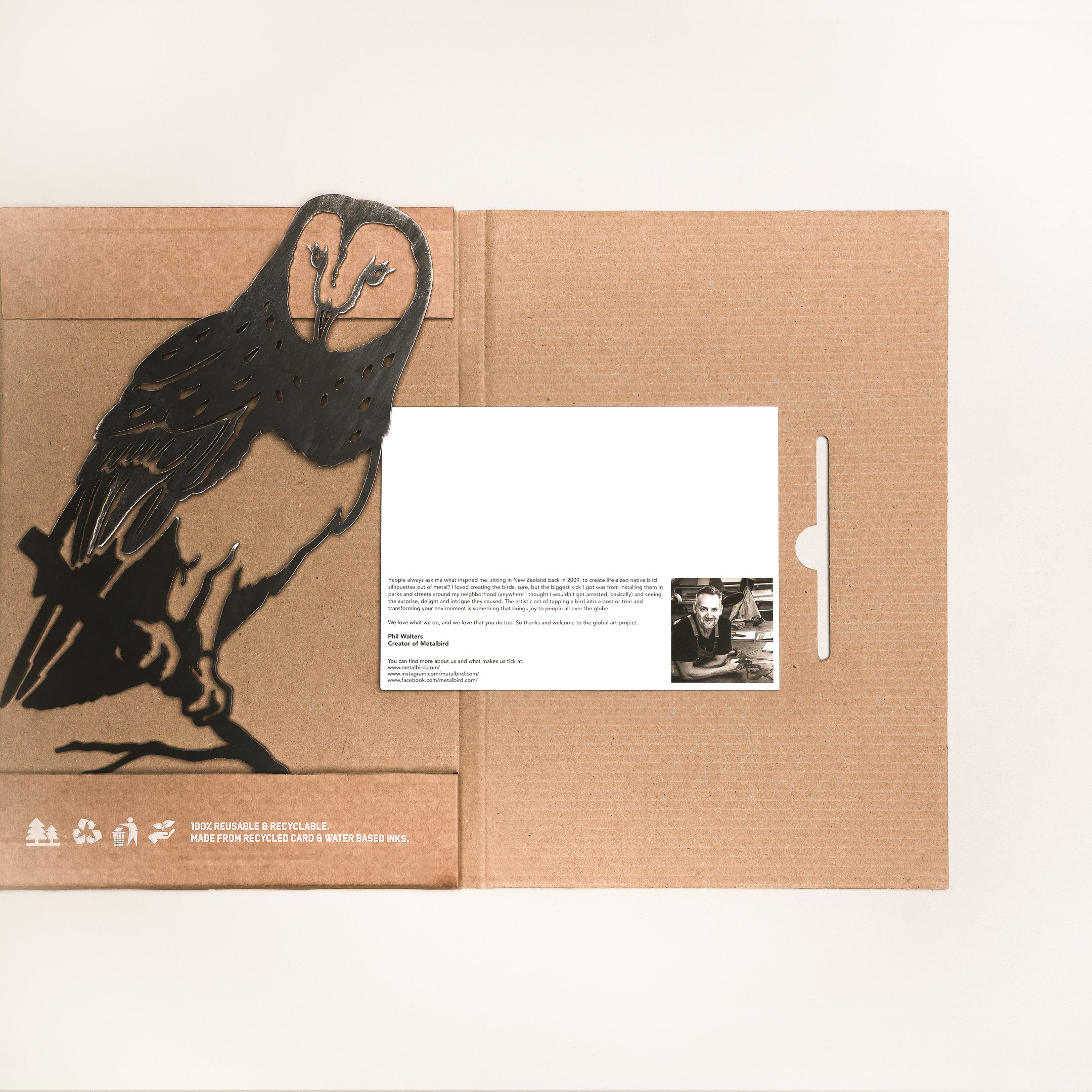 The Barn Owl folder features a cutout illustration of a Barn Owl on a branch, with a partially inserted white card showing text and a small photo. Recycling icons are at the bottom left—makes an ideal hunting gift.