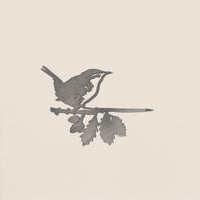 A metallic pencil engraving-style illustration of a wren perched on a leafy branch against a light background—ideal inspiration for corten steel yard art.