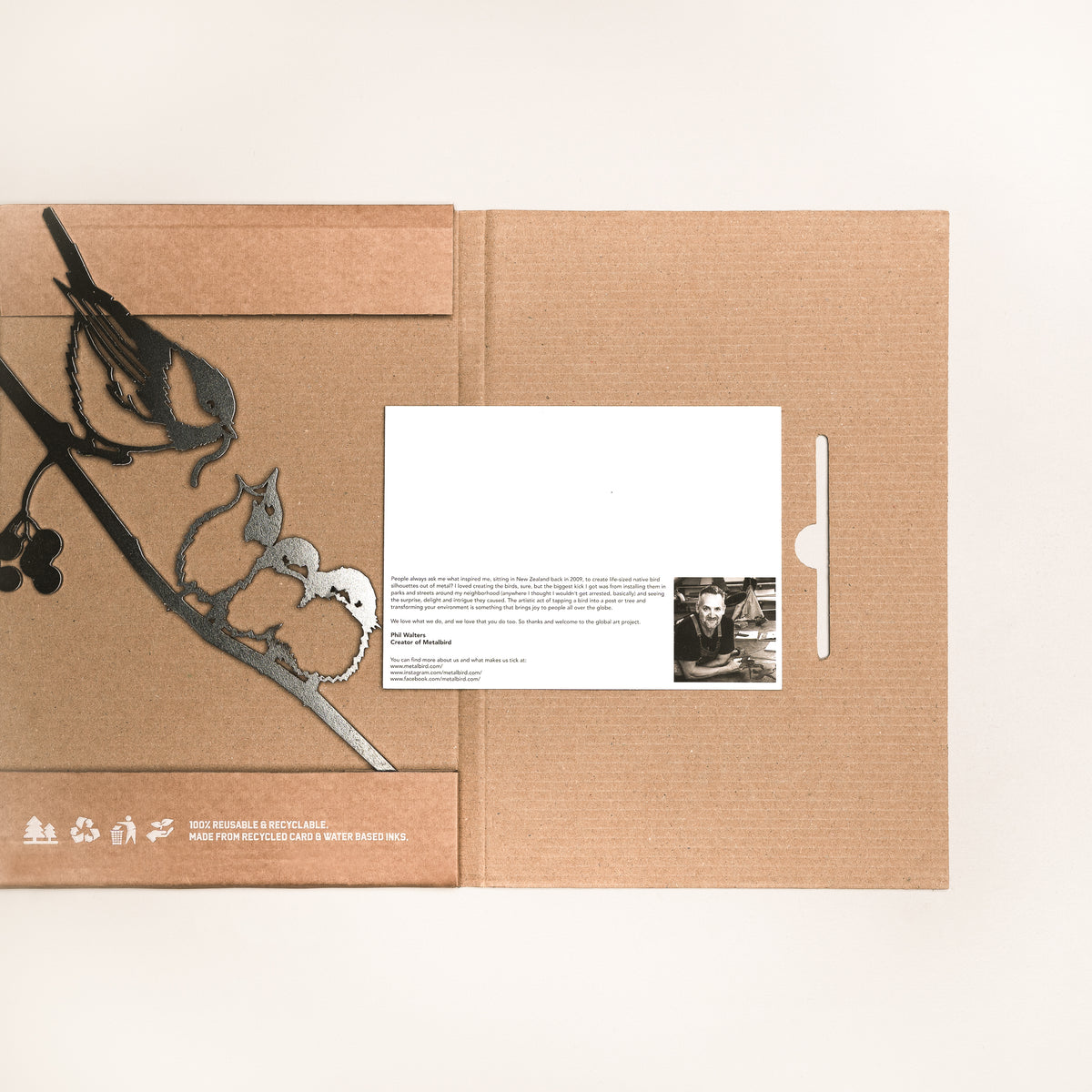 Chickadee & Chicks silhouette beside opened Metalbird packaging and printed card.