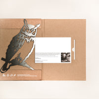 Great Horned Owl silhouette in Corten steel with recycled gift box and message card, a meaningful and eco-conscious gift option.