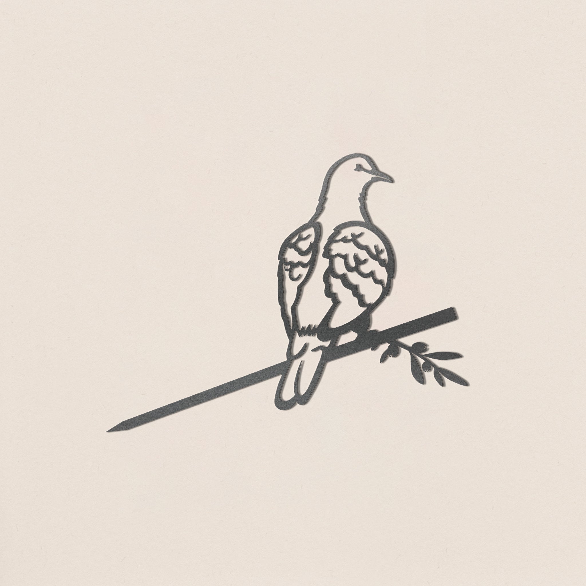 A simple line drawing of the Turtle Dove ornament with detailed wings, perched on a branch holding an olive twig, set against a light background—a perfect peace decoration.