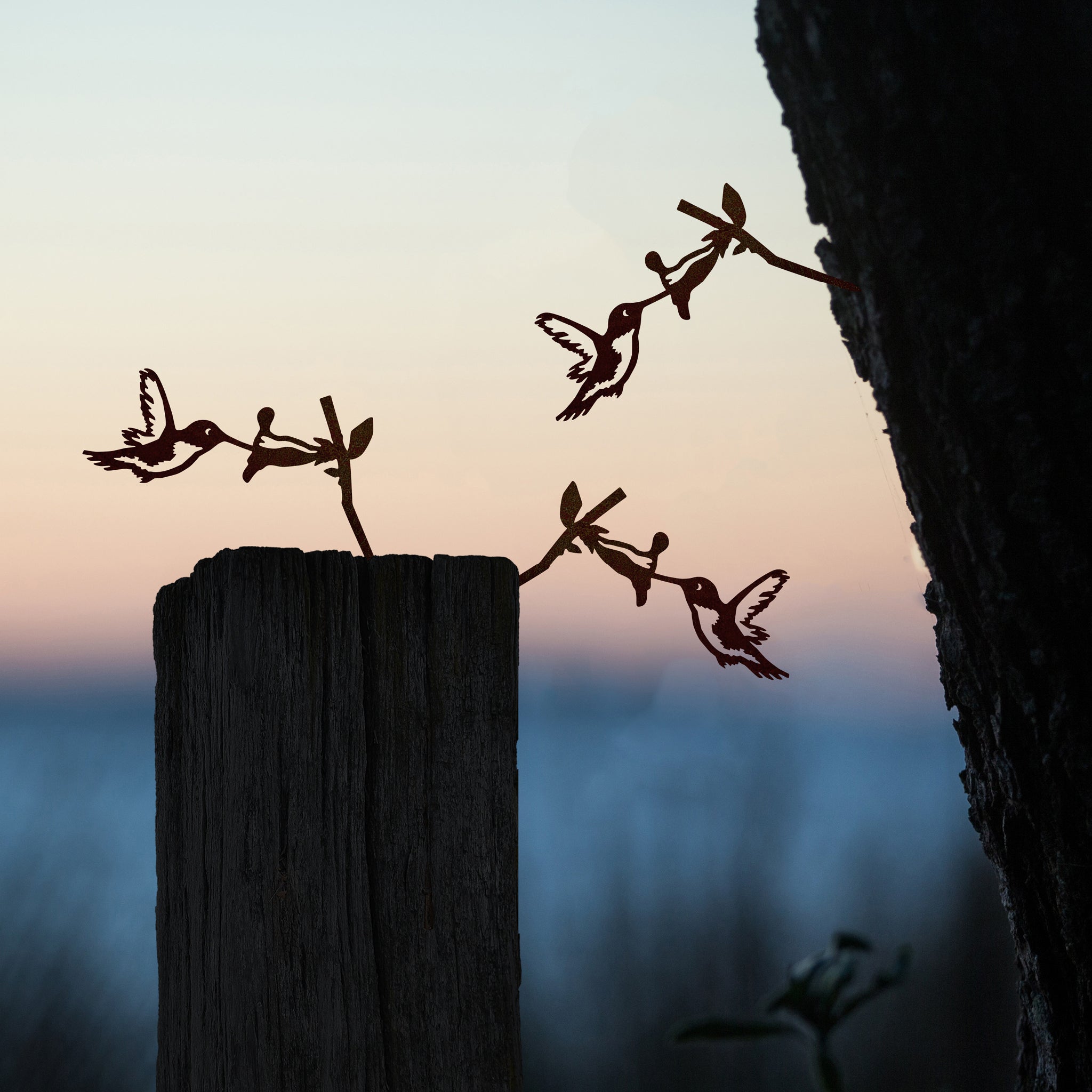 The Baby Bird Bundle - Hummingbird Trio features three mini hummingbird silhouettes and flower ornaments crafted from Corten steel, displayed on a wooden post and a tree, with a soft sunset sky in the background.